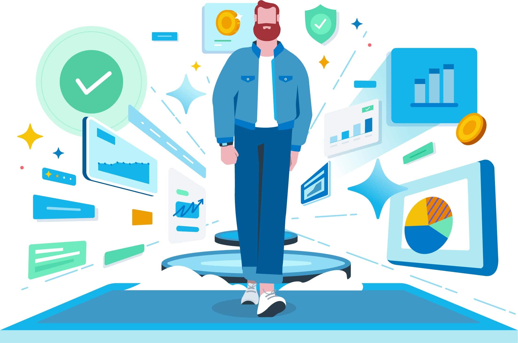 A man stands surrounded by graph illustrations.