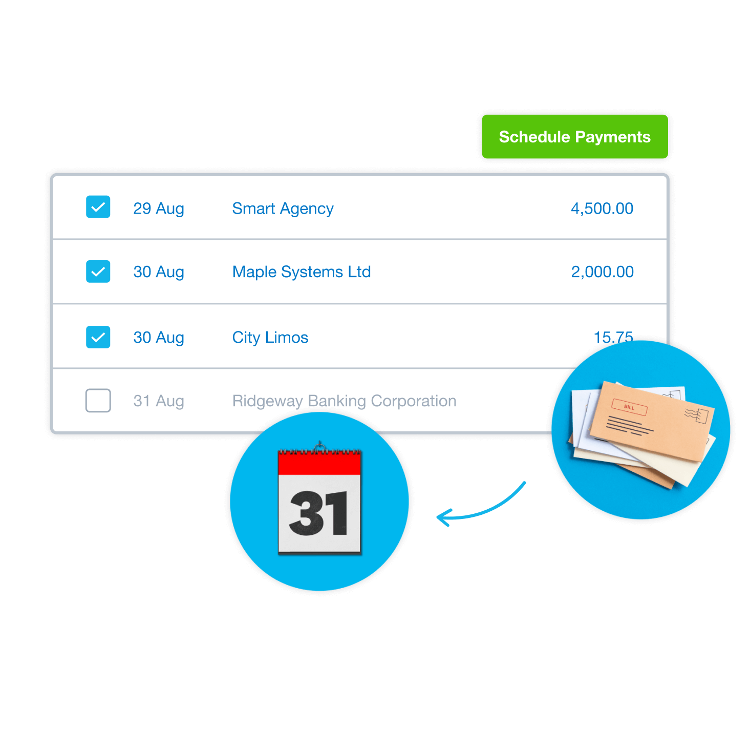 Xero’s accounting software shows a list of bills for payment along with due dates.