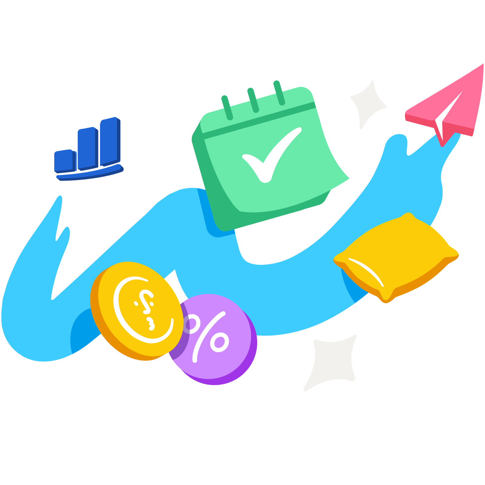 A group of graphics of money, calendar, graphs