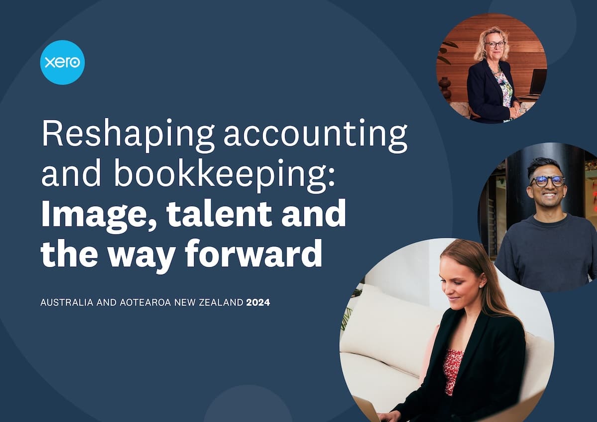 The report heading, Reshaping accounting and bookkeeping, sits to the left of photos of three generations of advisors.