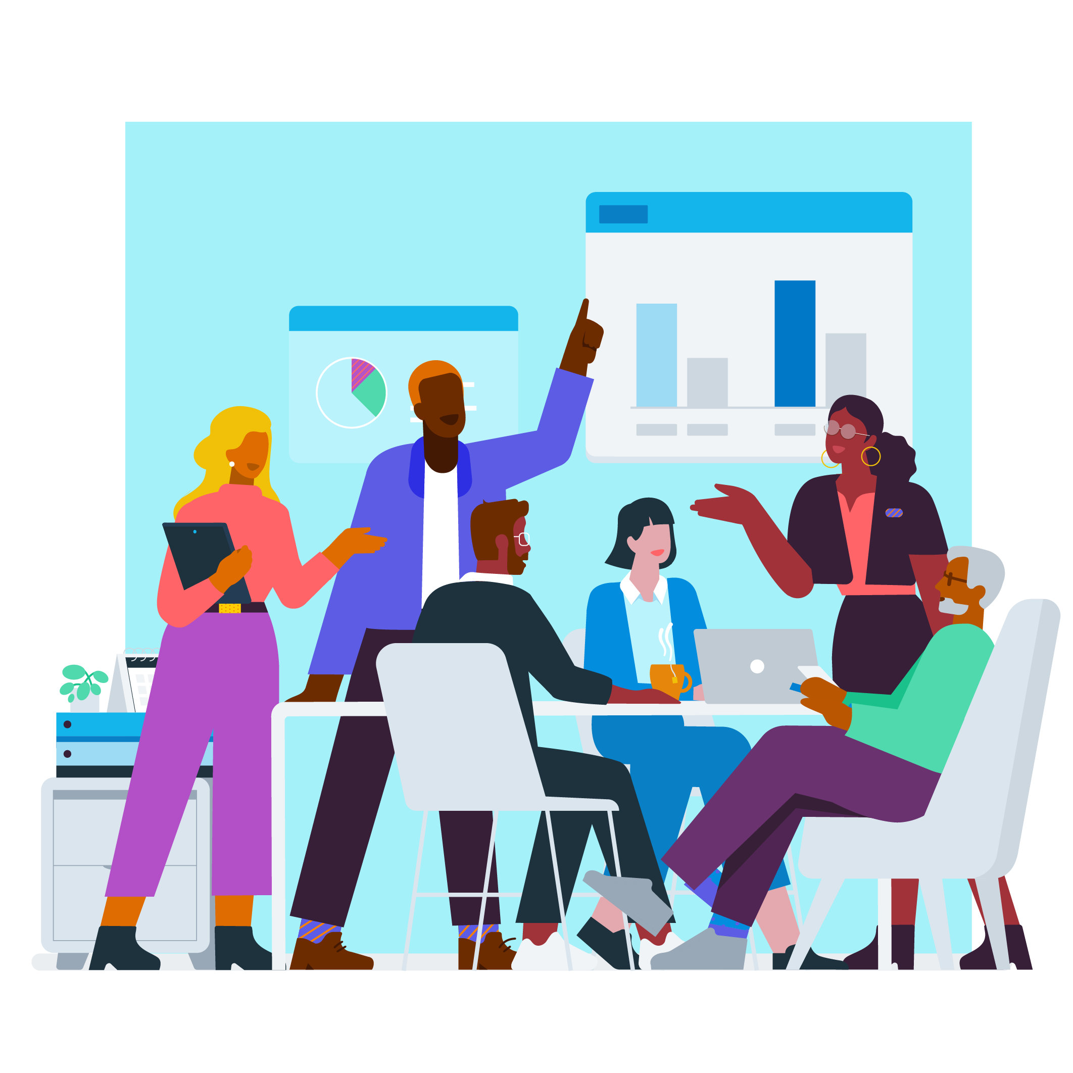 A cartoon graphic of people huddled around a desk, discussing a graph that’s projected on the wall.