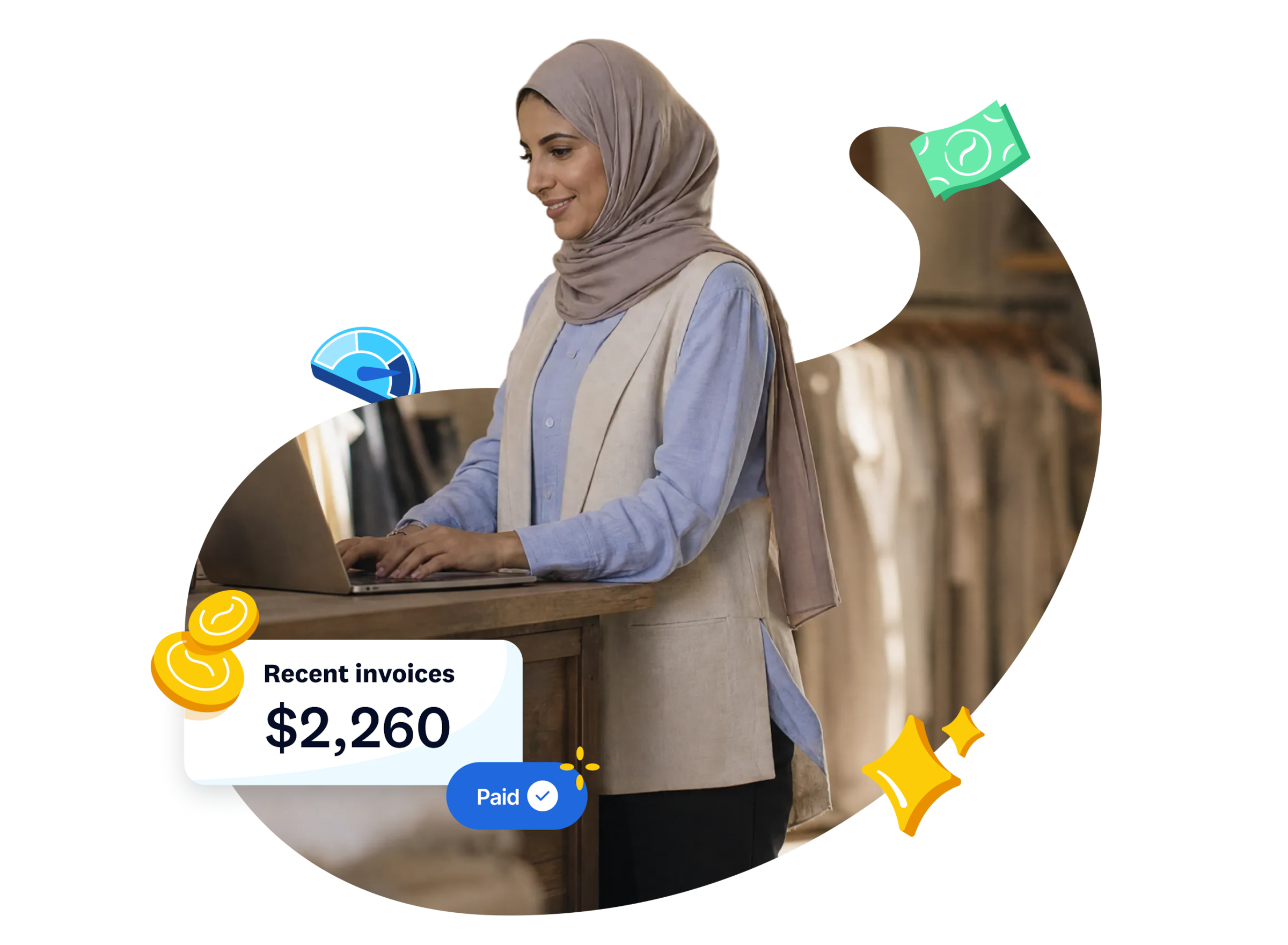 Small business owner, with Xero invoice and payment overlay