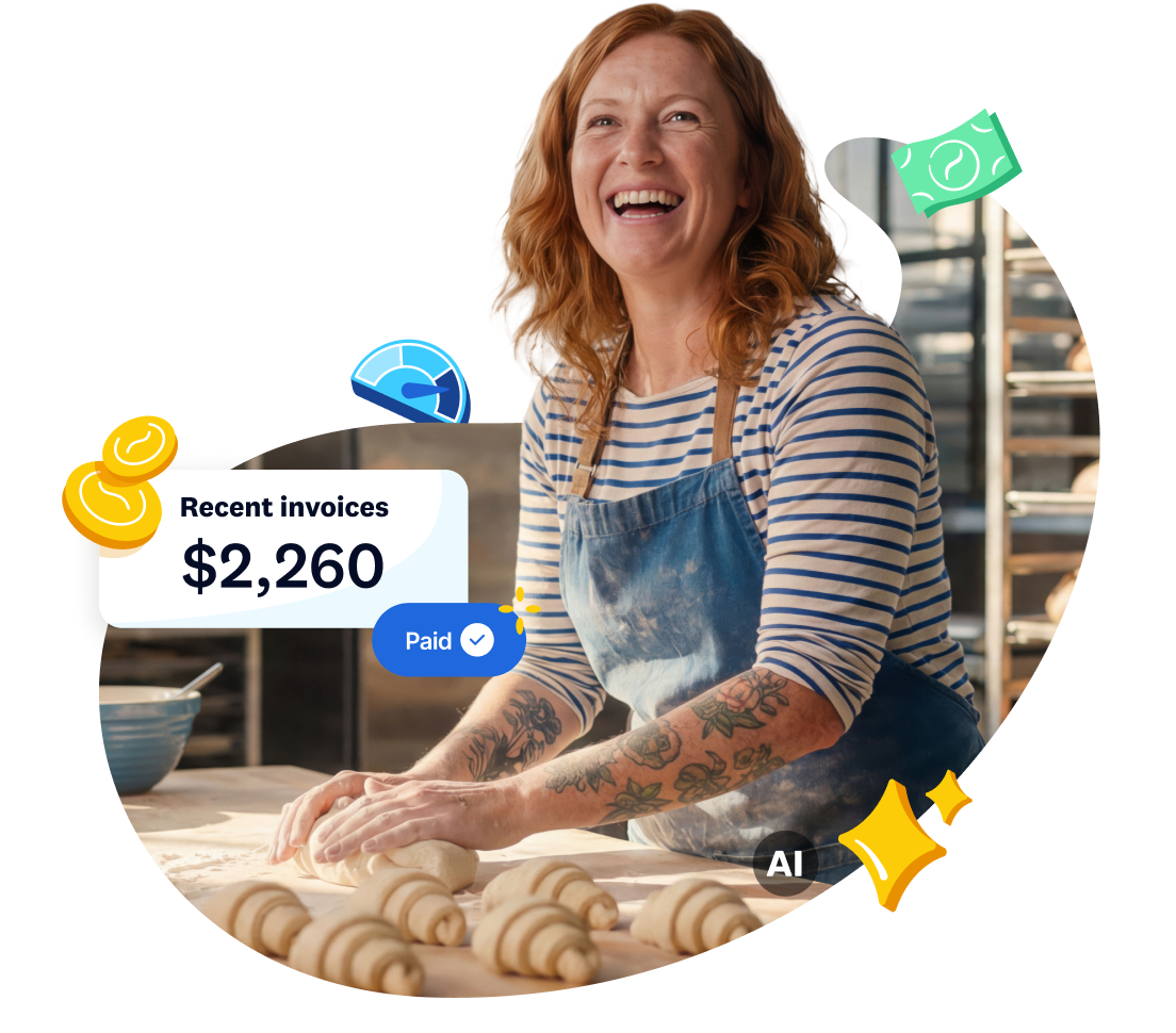 Woman florist holding a bouquet, with a Xero invoice card showing "$2,260 Paid" overlaid on the image