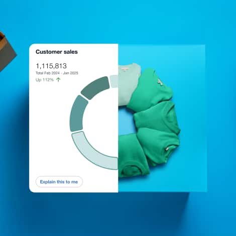 Infographic showing sales numbers with a 112% increase paired with a circular arrangement of green sweaters.