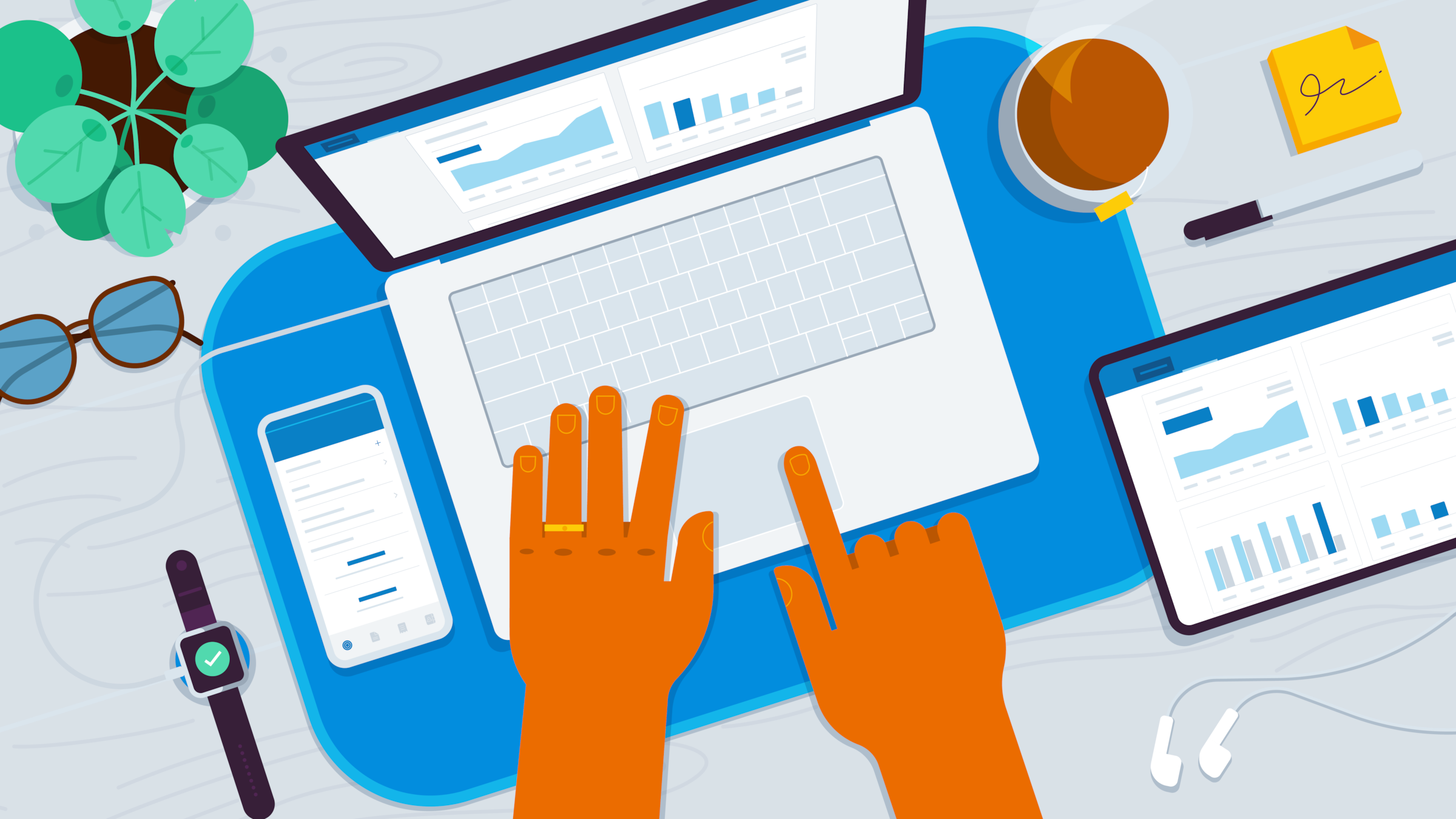 Illustration representing Claude connected to Xero, with a laptop and tablet showing financial dashboards alongside everyday