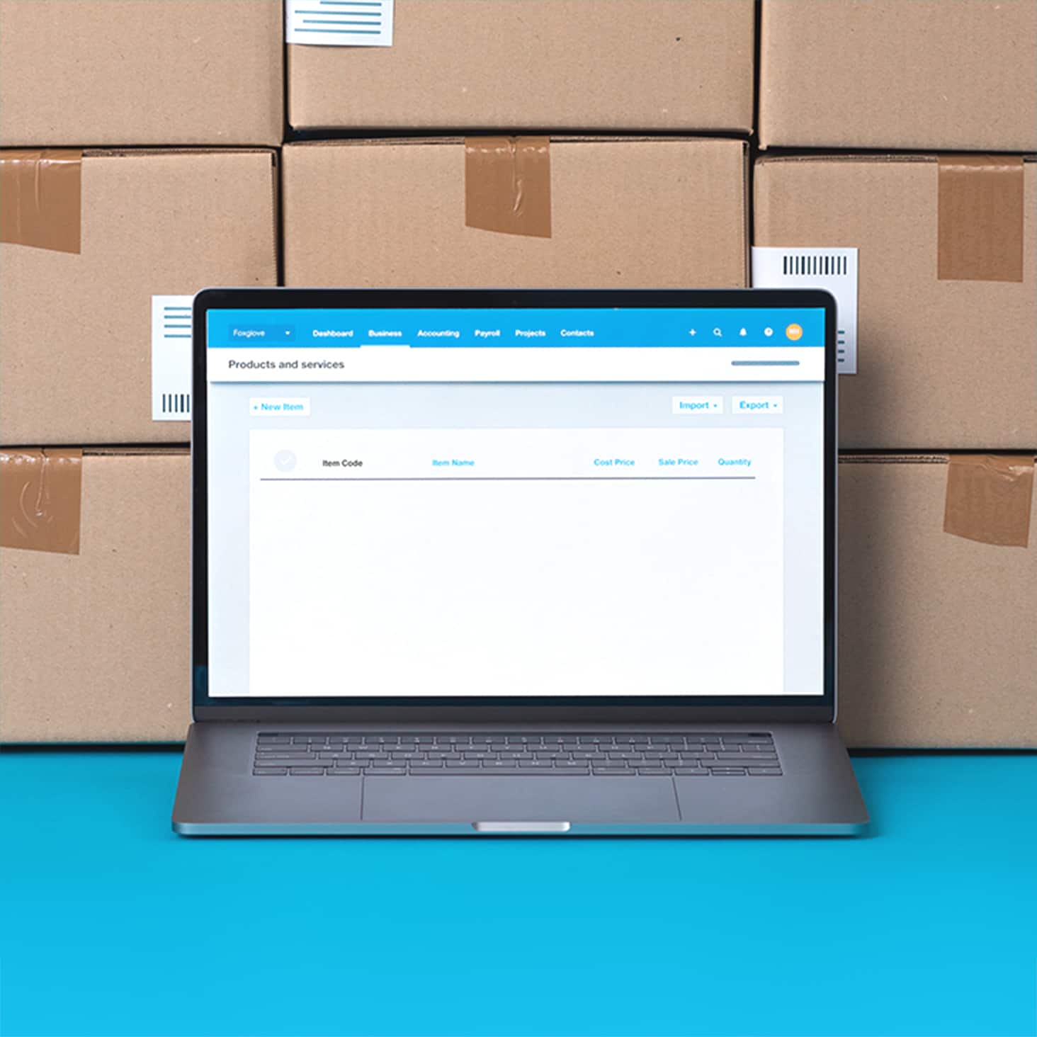 Unopened boxes are stacked near a laptop that displays items in Xero’s stock management software.