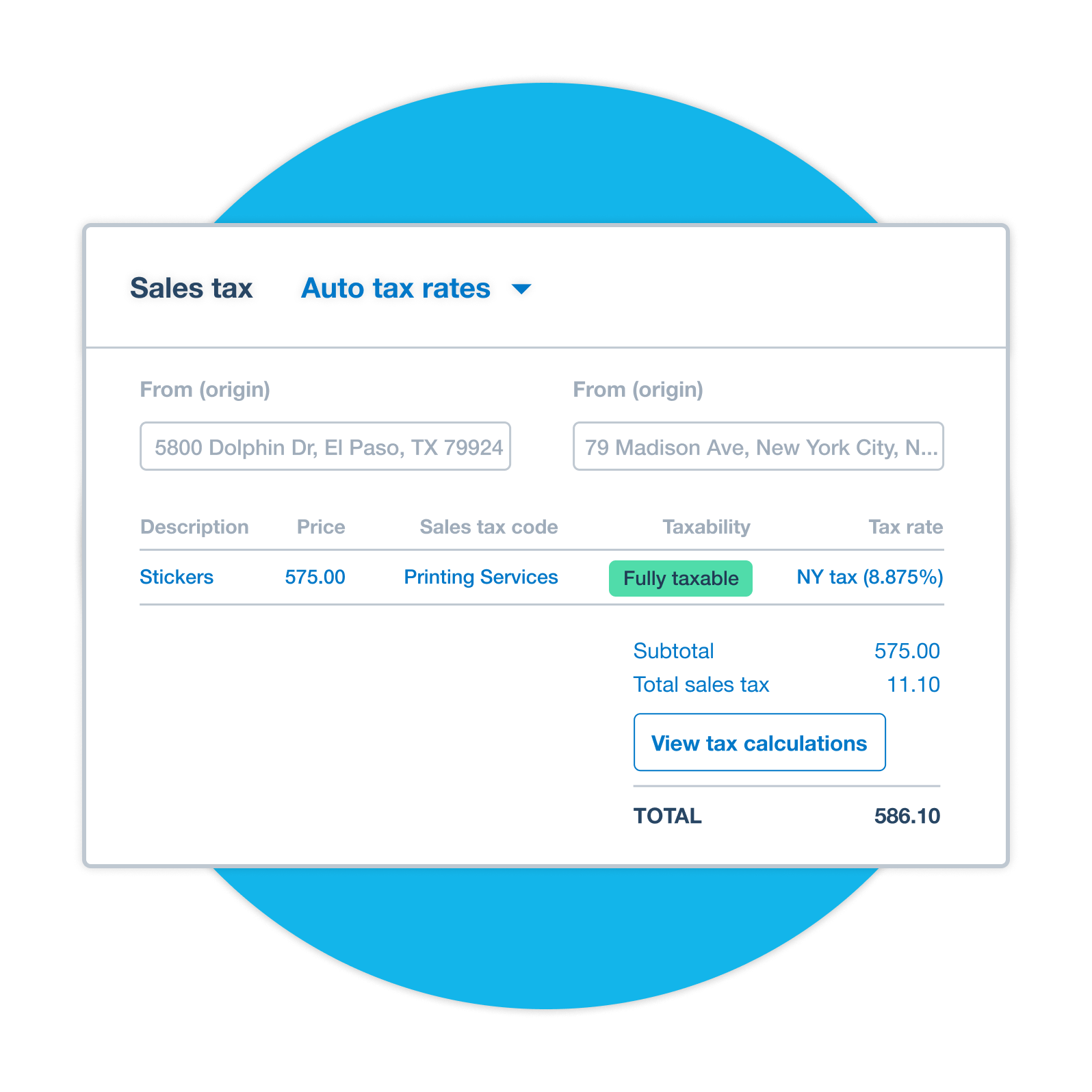 Sales tax software in Xero showing automatic calculations for an invoice.