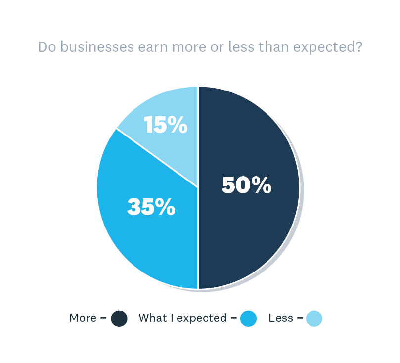 Do businesses earn more or less than expected: 50% say more, 35% say what they expected, 15% say less.