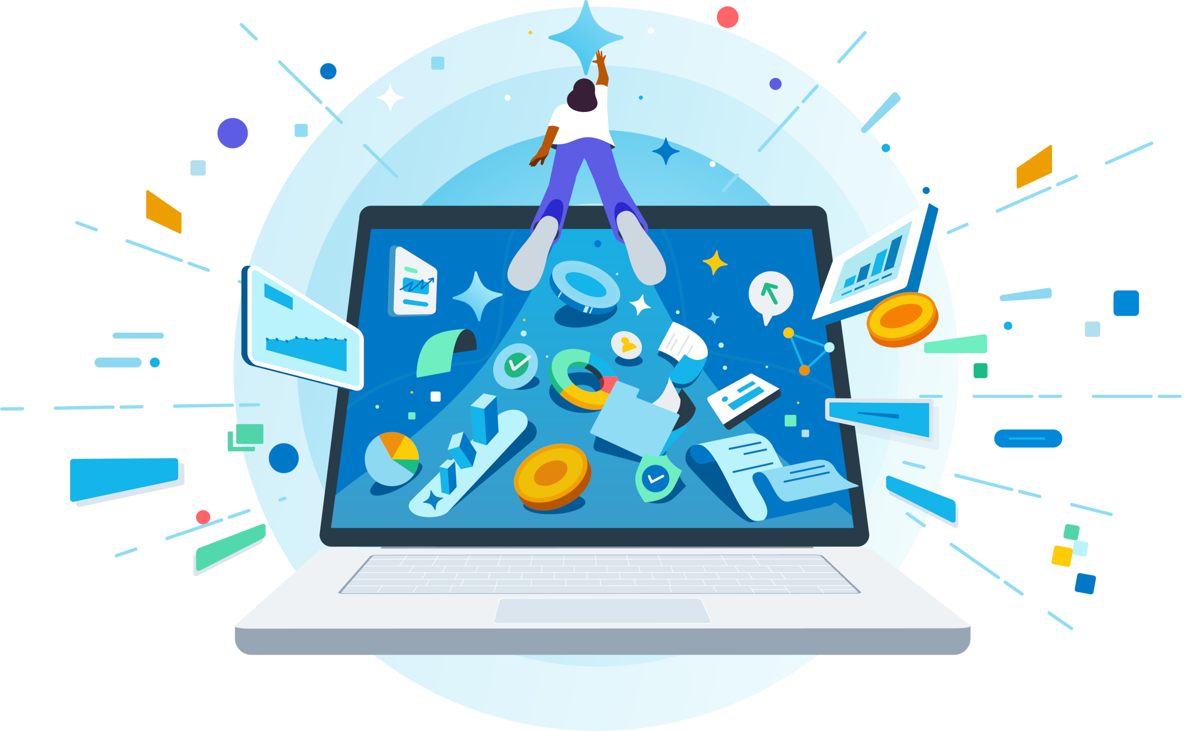 An illustration of a woman flying above a tablet screen with colorful icons.