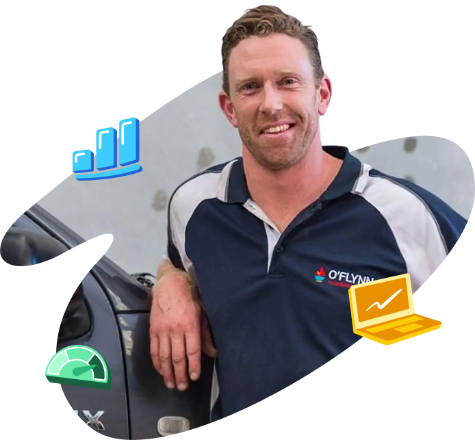 A plumber standing in front of a utility vehicle