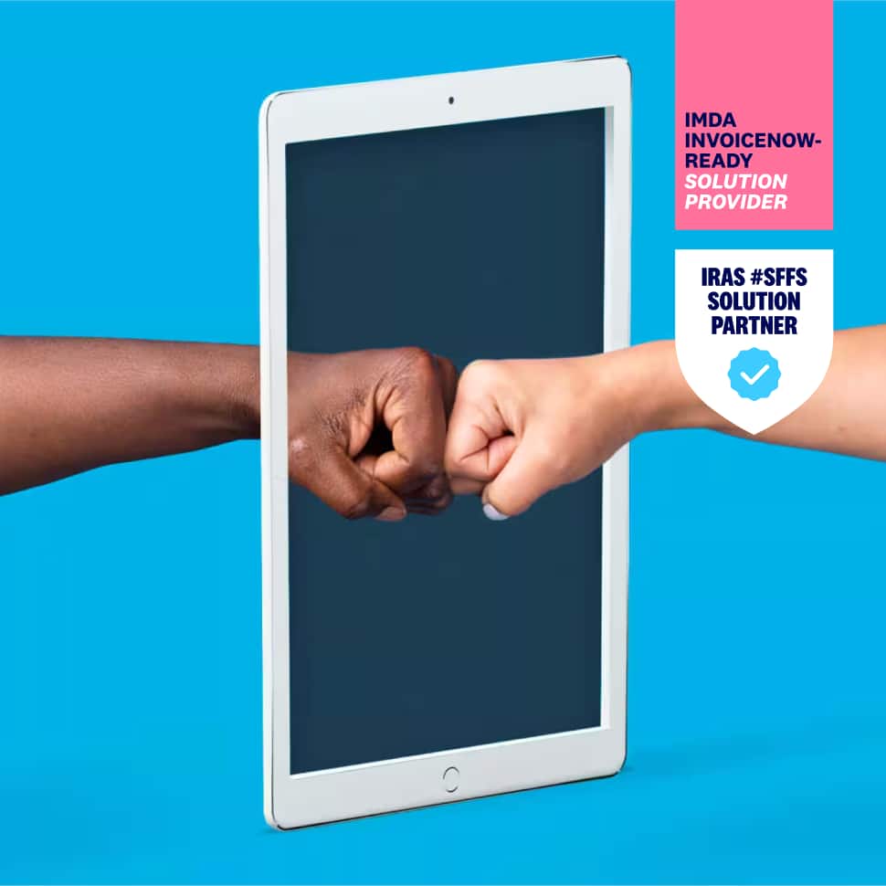 Two hands fist-bump through a device to show that e-invoicing is instant, direct, and electronic.