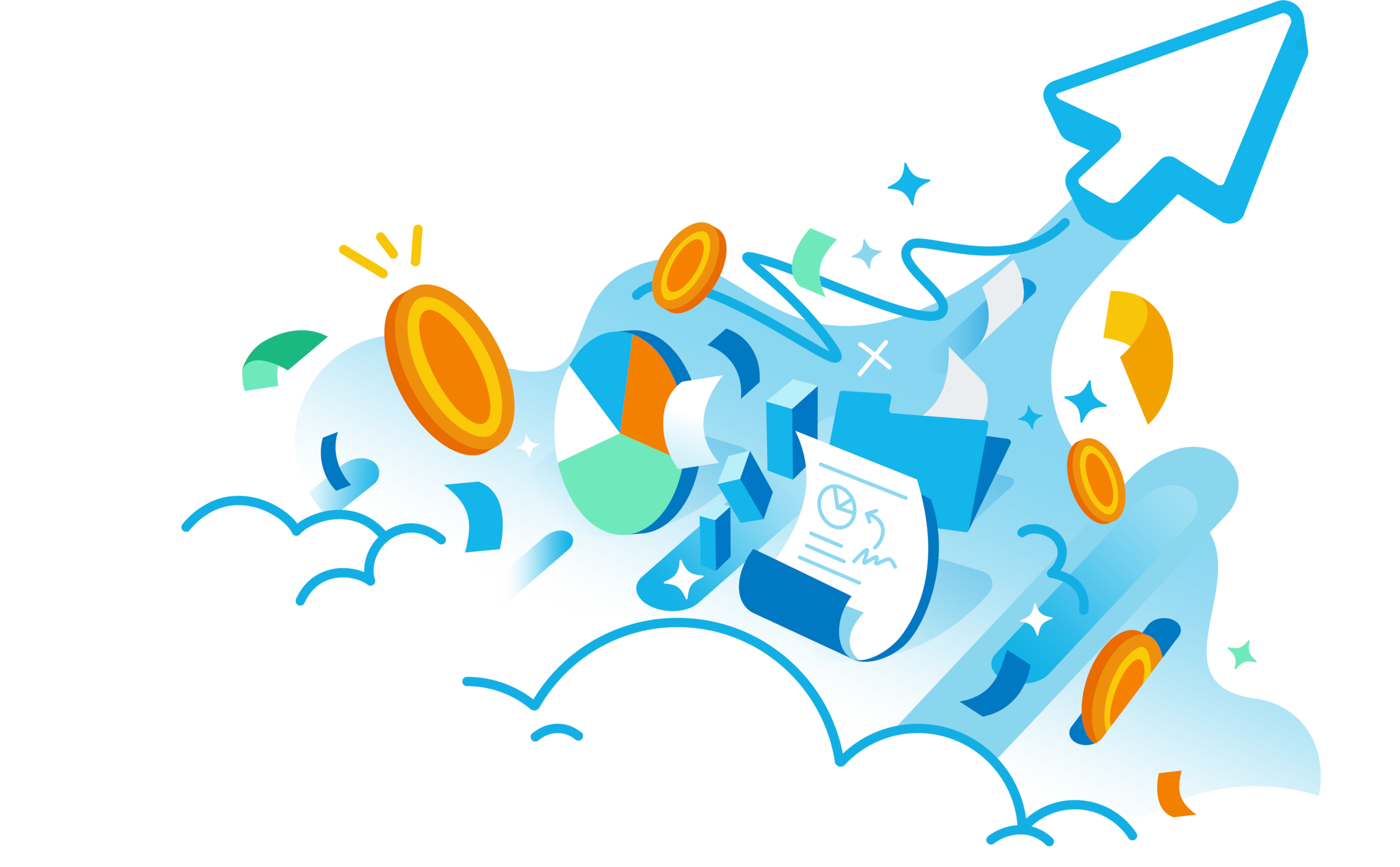 Illustration of coins, charts, and documents flying upward, symbolising faster payments and simplified processes with Xero.