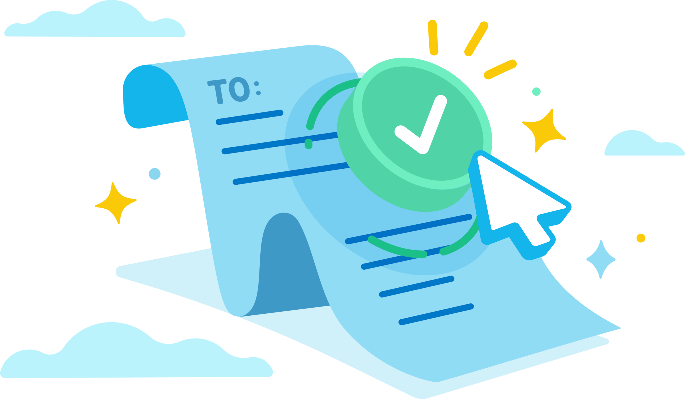 Illustration of a document with a green checkmark and cursor, symbolising accurate, automated tax filing and compliance usin