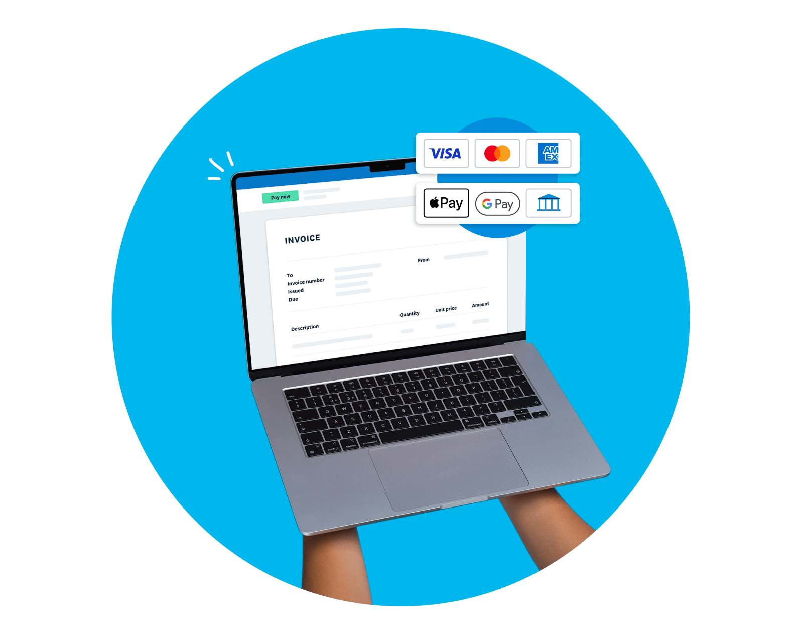 An invoice template includes placeholders for the business name, client name and address, invoice number and invoice items.