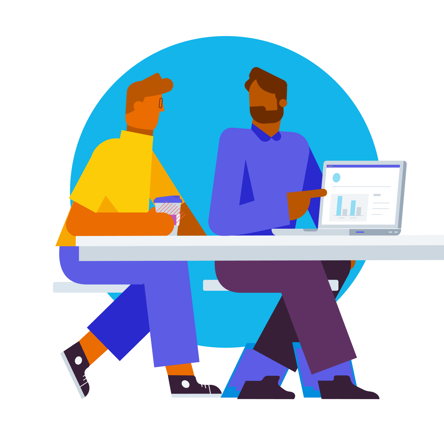 Two people work on accounts on a computer.