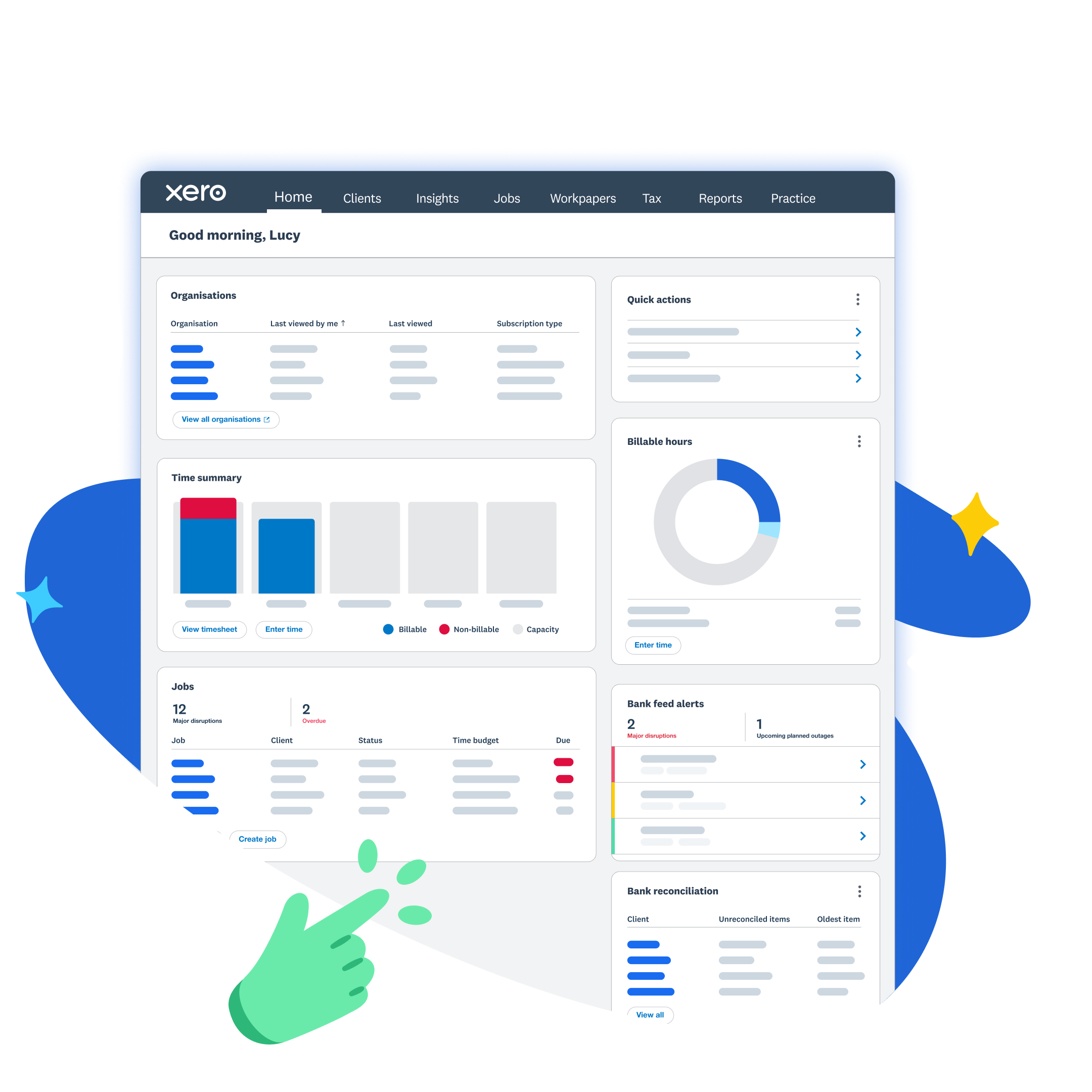 Stylised UI screenshot of Xero Partner Hub homepage with widgets
