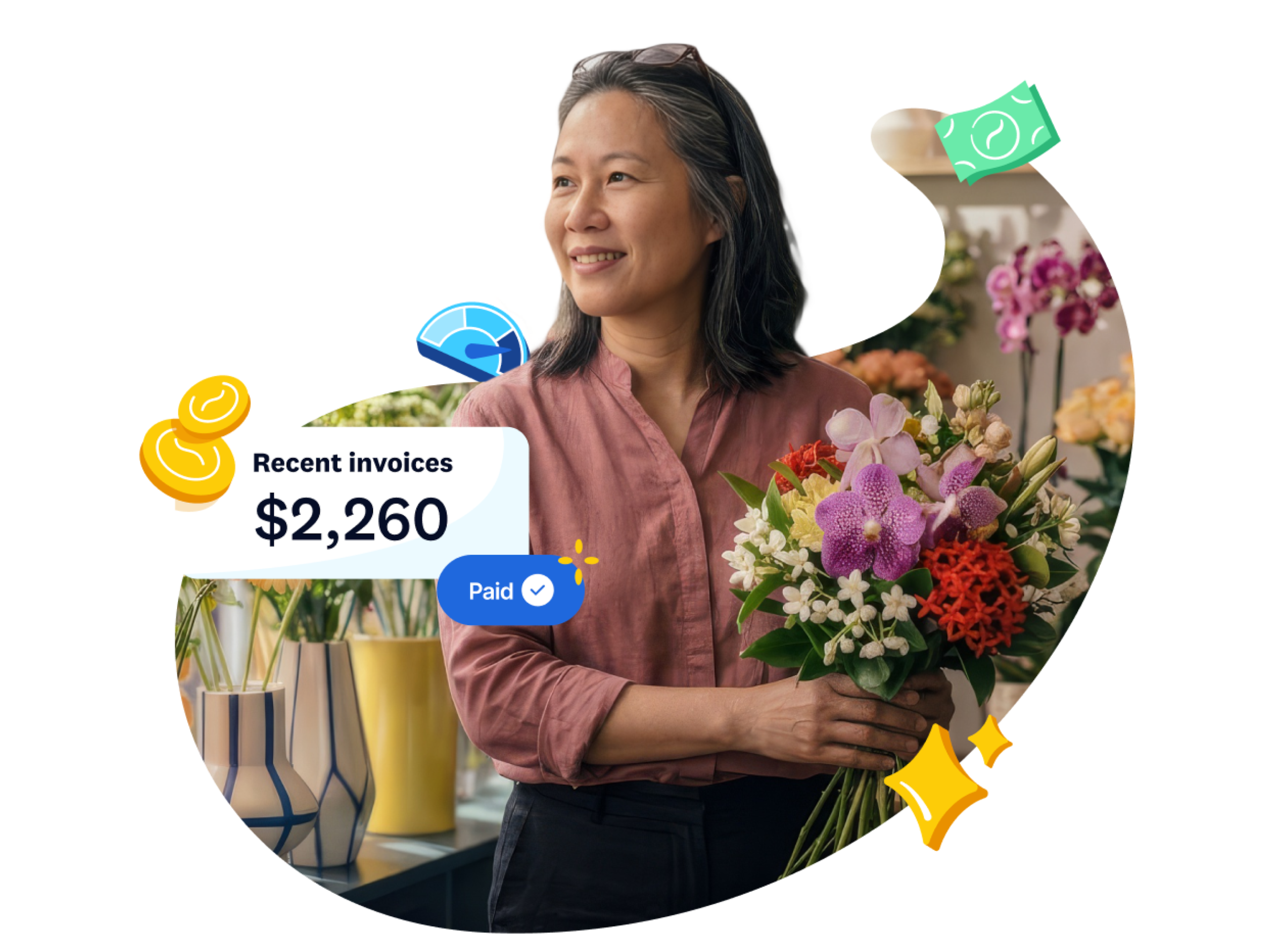 Woman florist holding a bouquet, with a Xero invoice card showing "$2,260 Paid" overlaid on the image