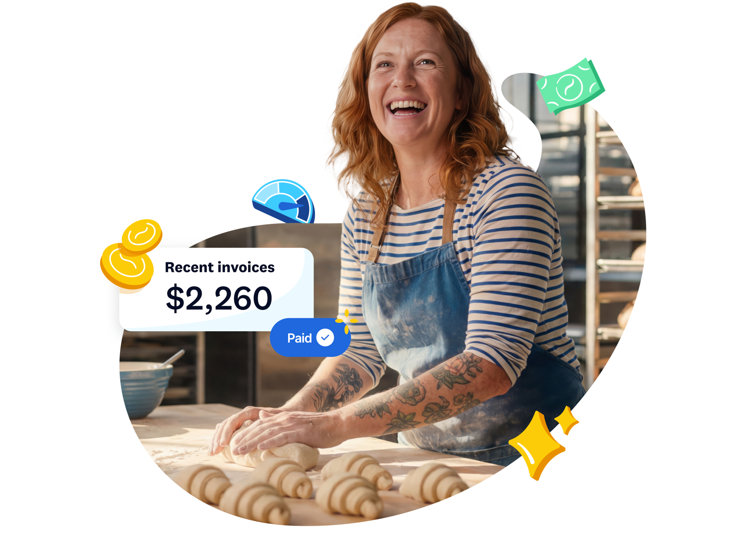 Small business owner rolling croissants, with Xero invoice and payment overlay