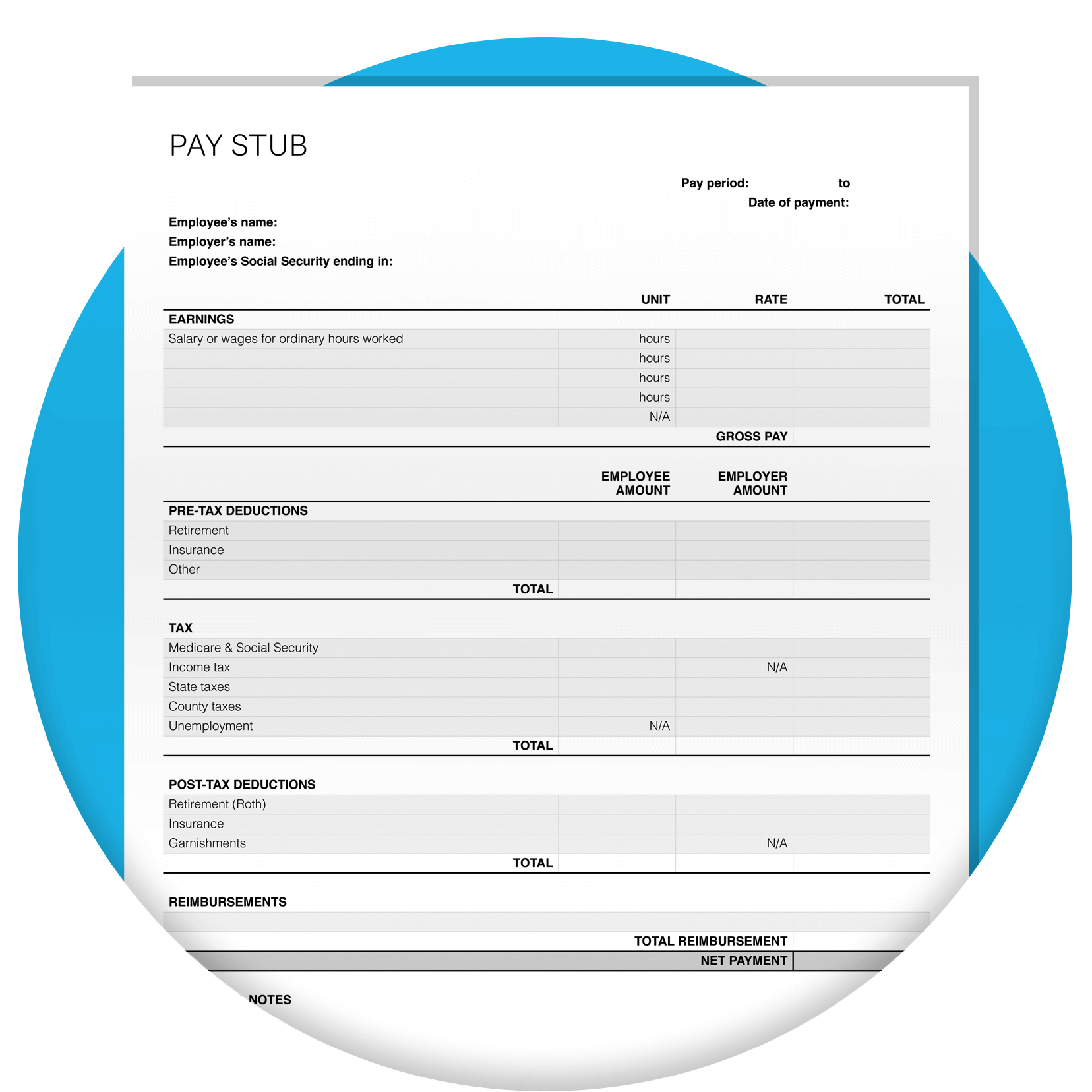 Pay stub template with blank fields for users to fill out