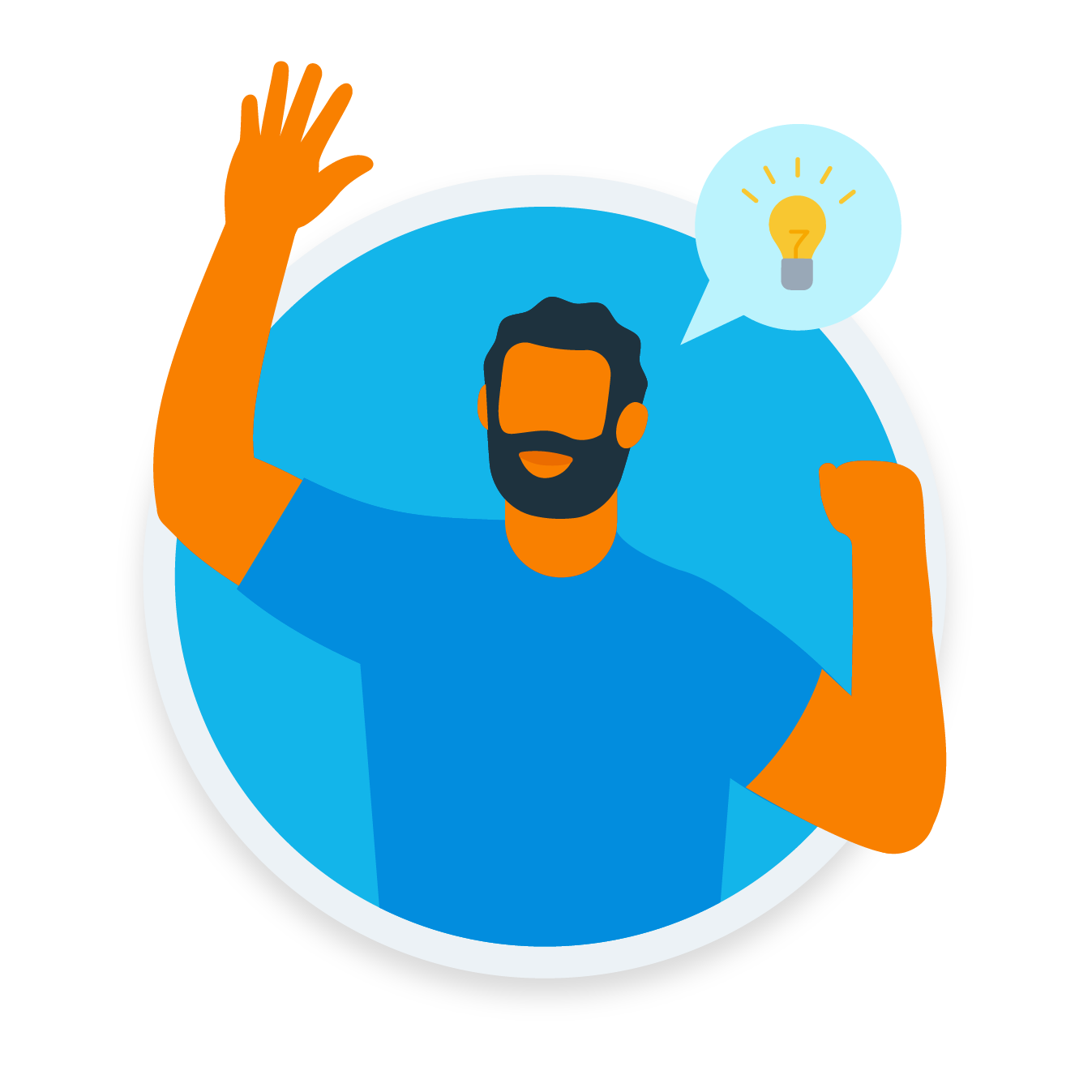 Illustration of a bearded man raising one arm and flexing the other, wearing a blue shirt, with a speech bubble.