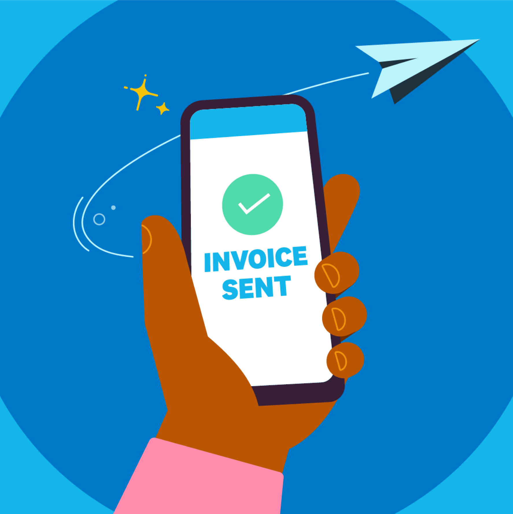 A big tick and the words ‘Invoice sent’ display on a mobile phone screen.