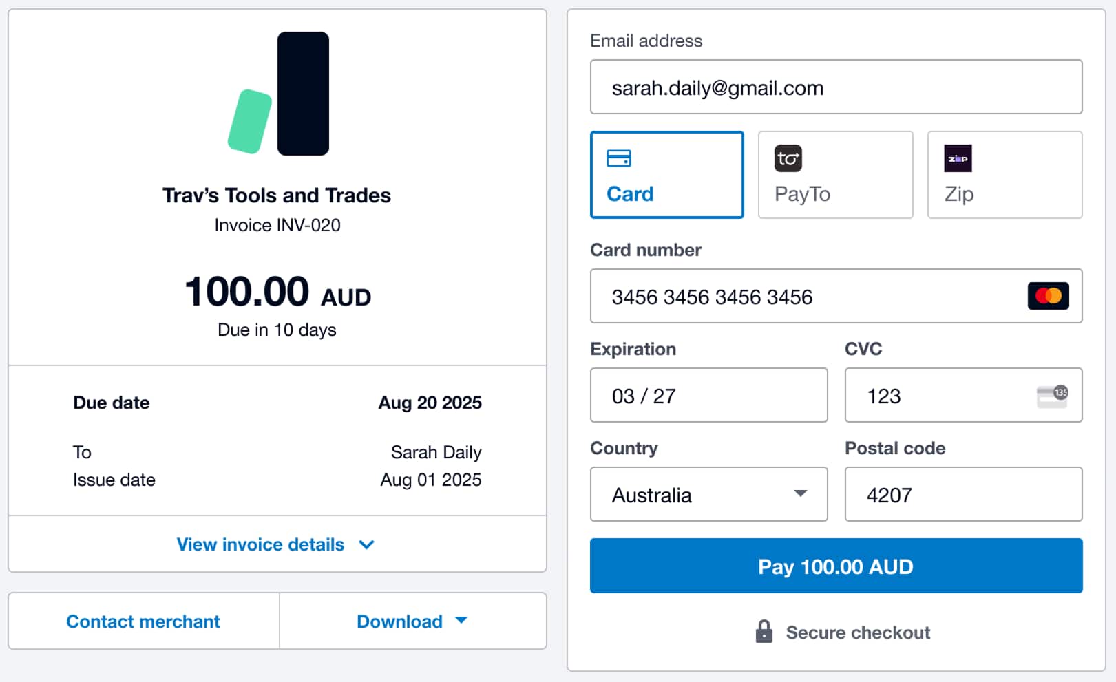 A Xero invoice, with options to accept online payments by card, digital wallet, and direct debit.