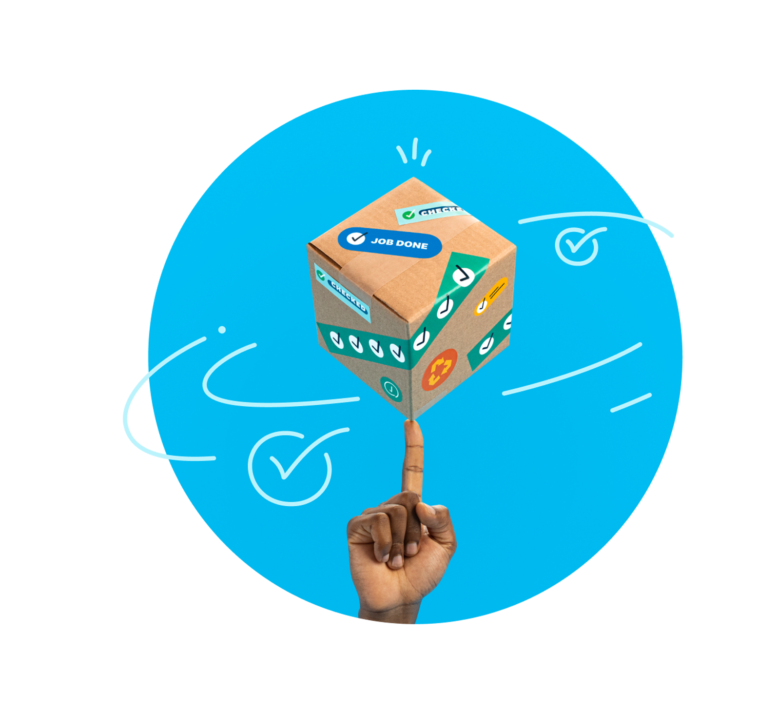 A box with shipping stickers spinning around effortlessly on a finger