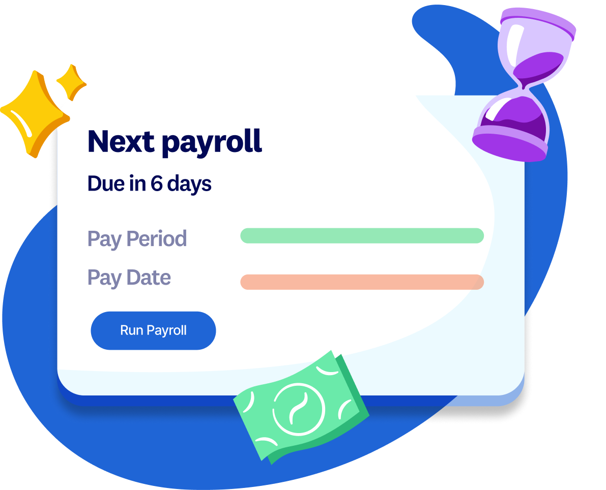 Payroll software interface with next payroll schedule and Run Payroll action button