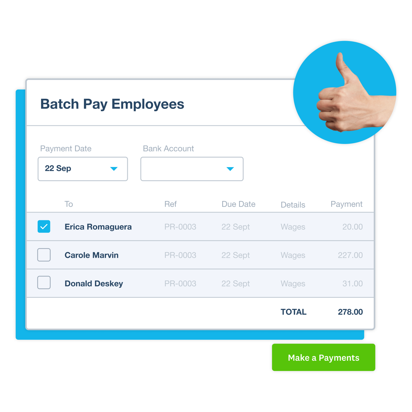 The payroll administrator selects the employees to be included in a batch payment.