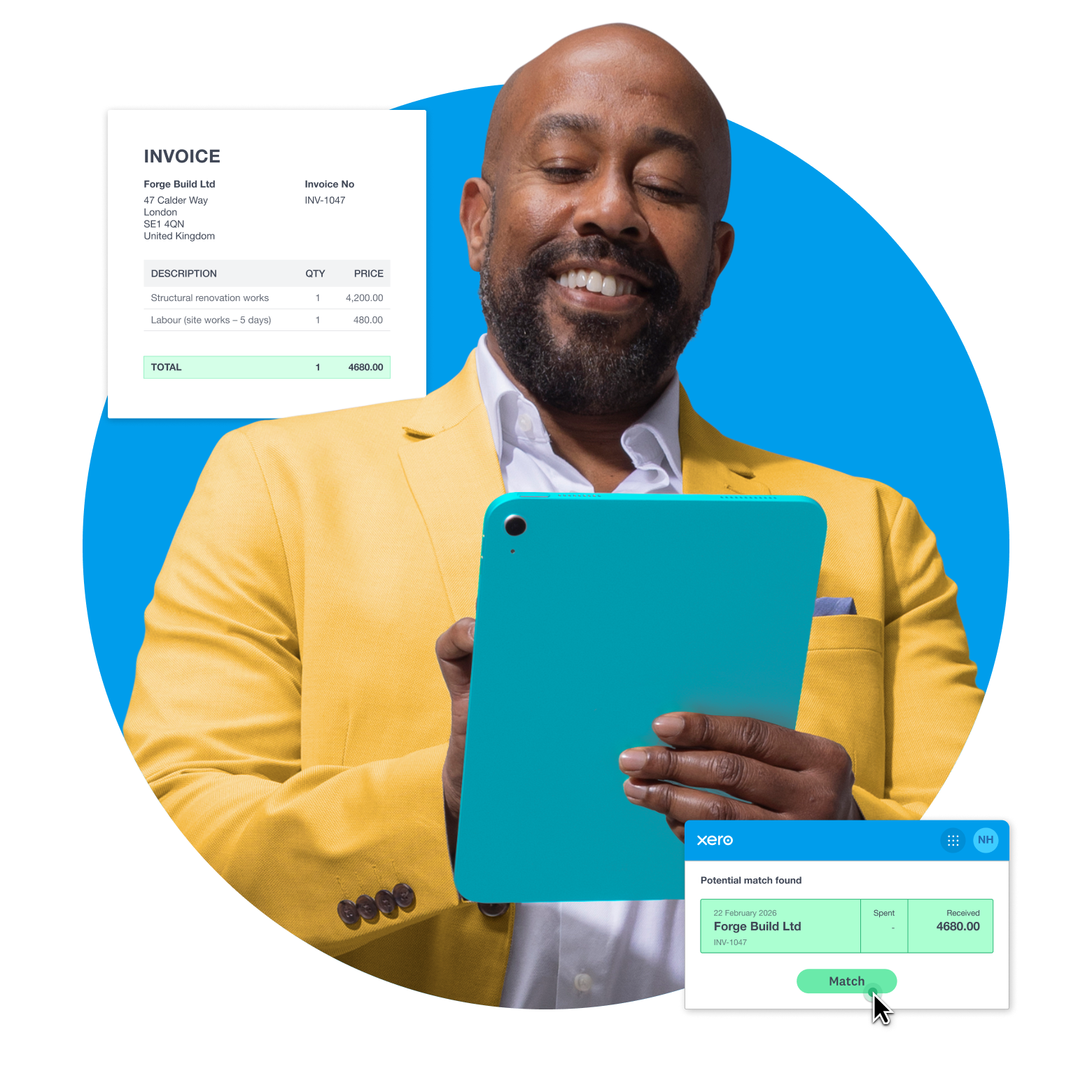 A small business owner smiles as they reconcile an invoice and bank record with Xero’s smart transaction matching.