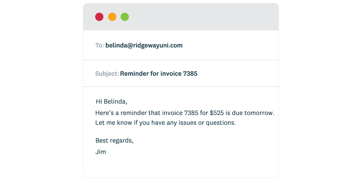 An example of an invoice pay reminder with invoice number, amount and date due.