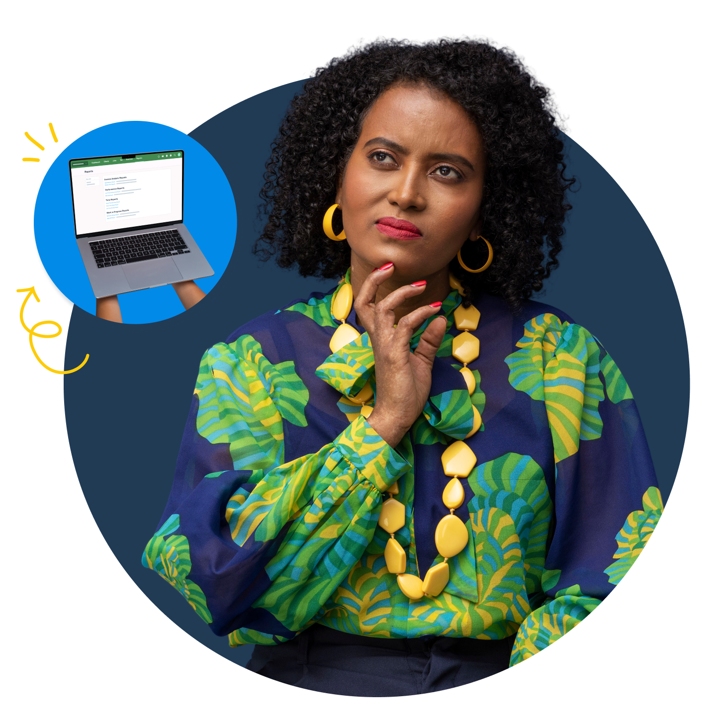 A woman contemplating if integrated practice management and tax is right for her business.