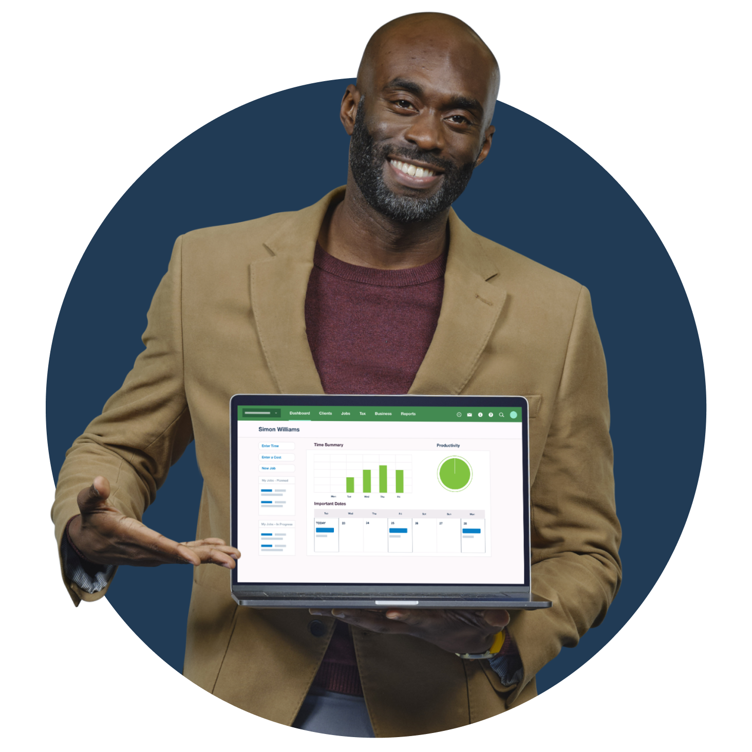 A smiling accountant using Xero for integrated practice management and tax.