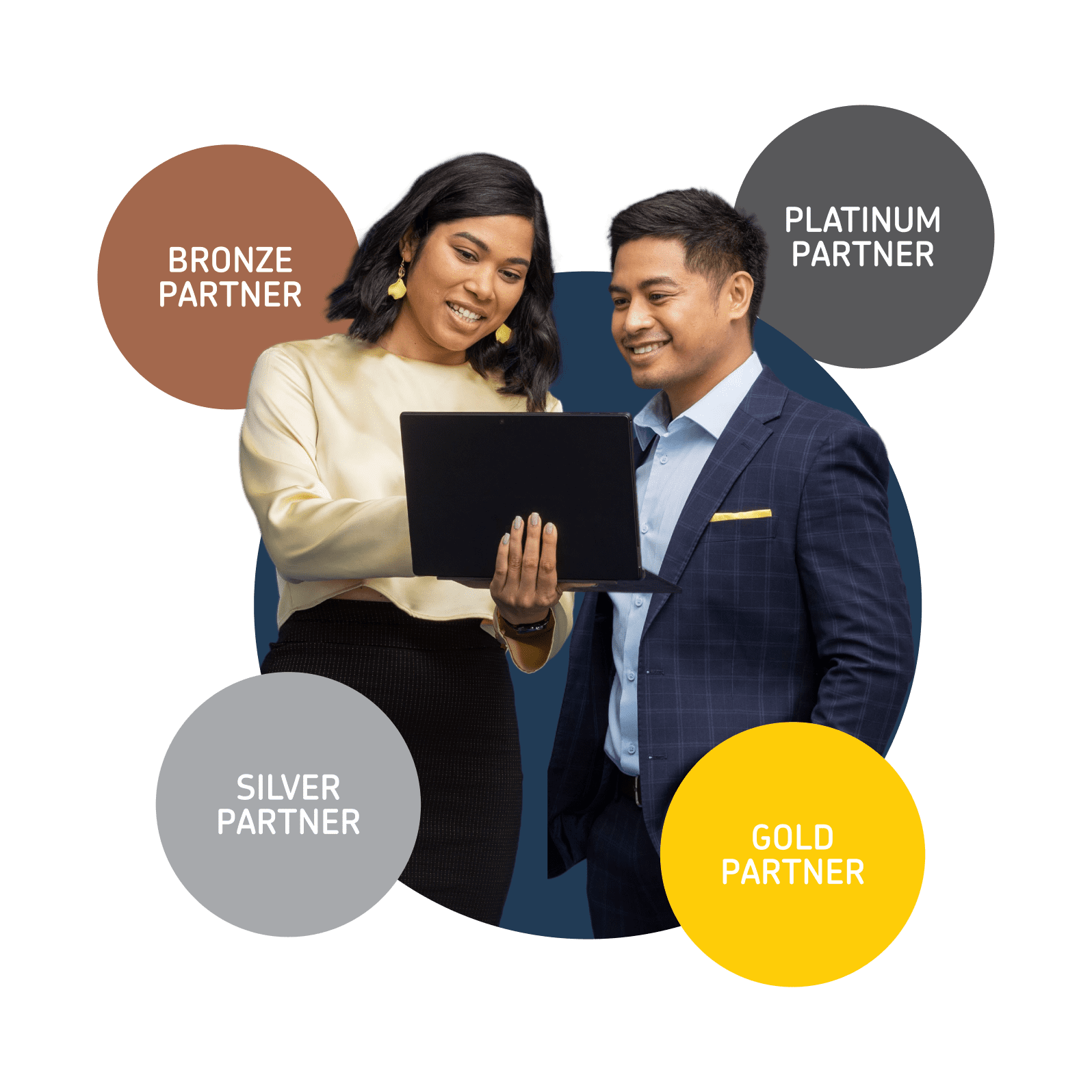 Two partners working on a laptop device.