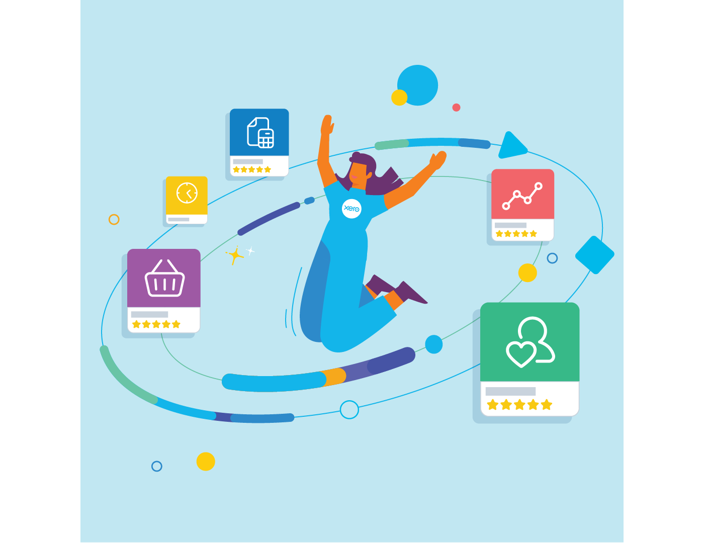 A person jumps for joy, surrounded by a circle of apps that integrate with Xero.