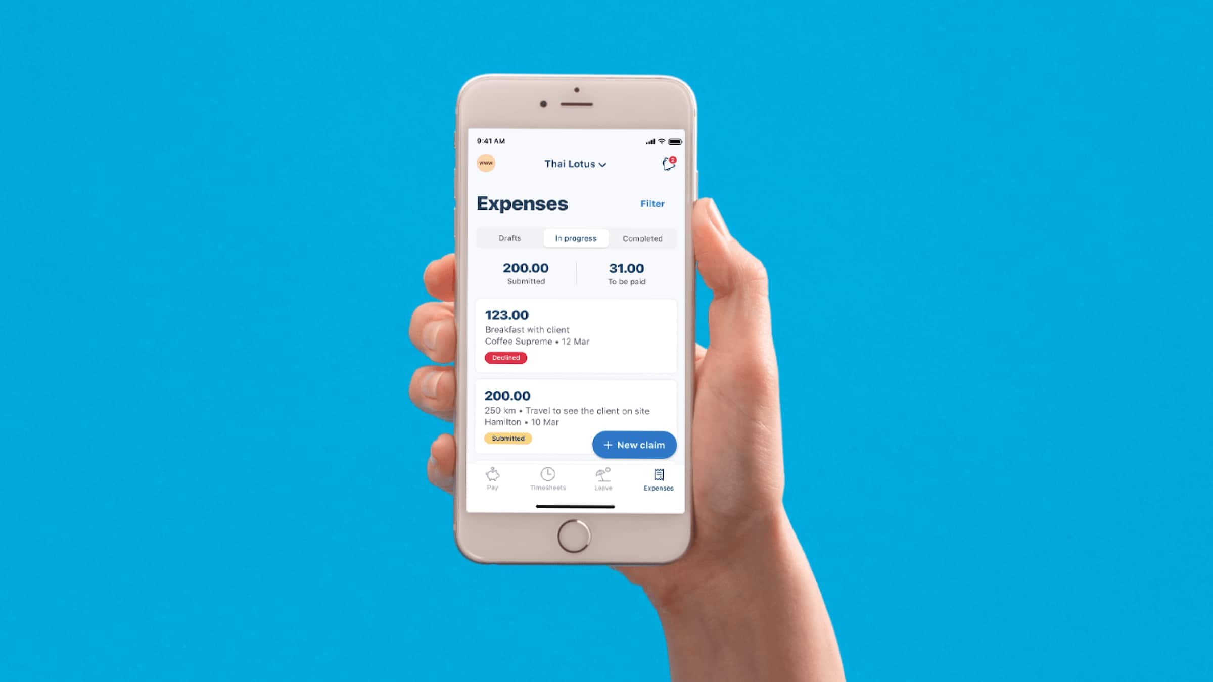 The Xero Me mobile expense submission interface shows an expense approval workflow and digital receipt scanning.