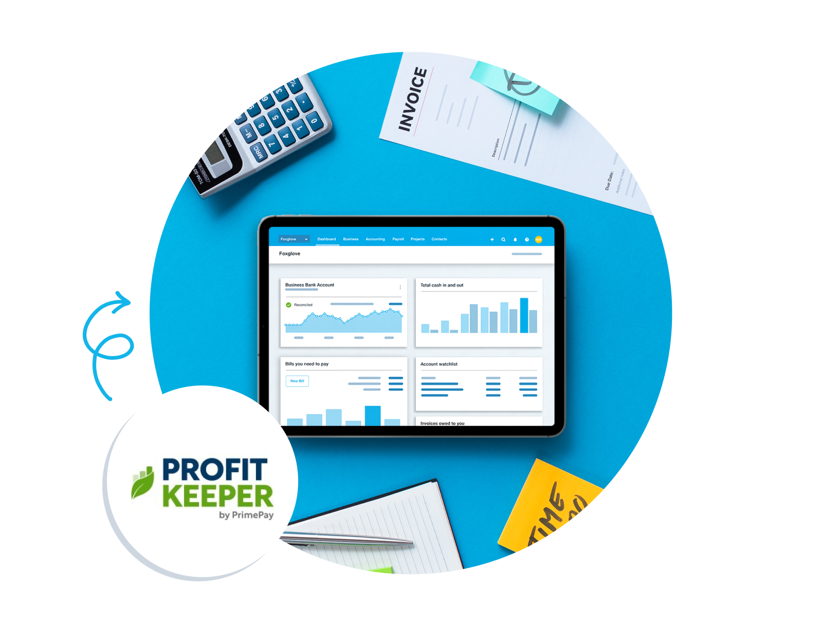 Xero dashboard on tablet, Profitkeeper logo
