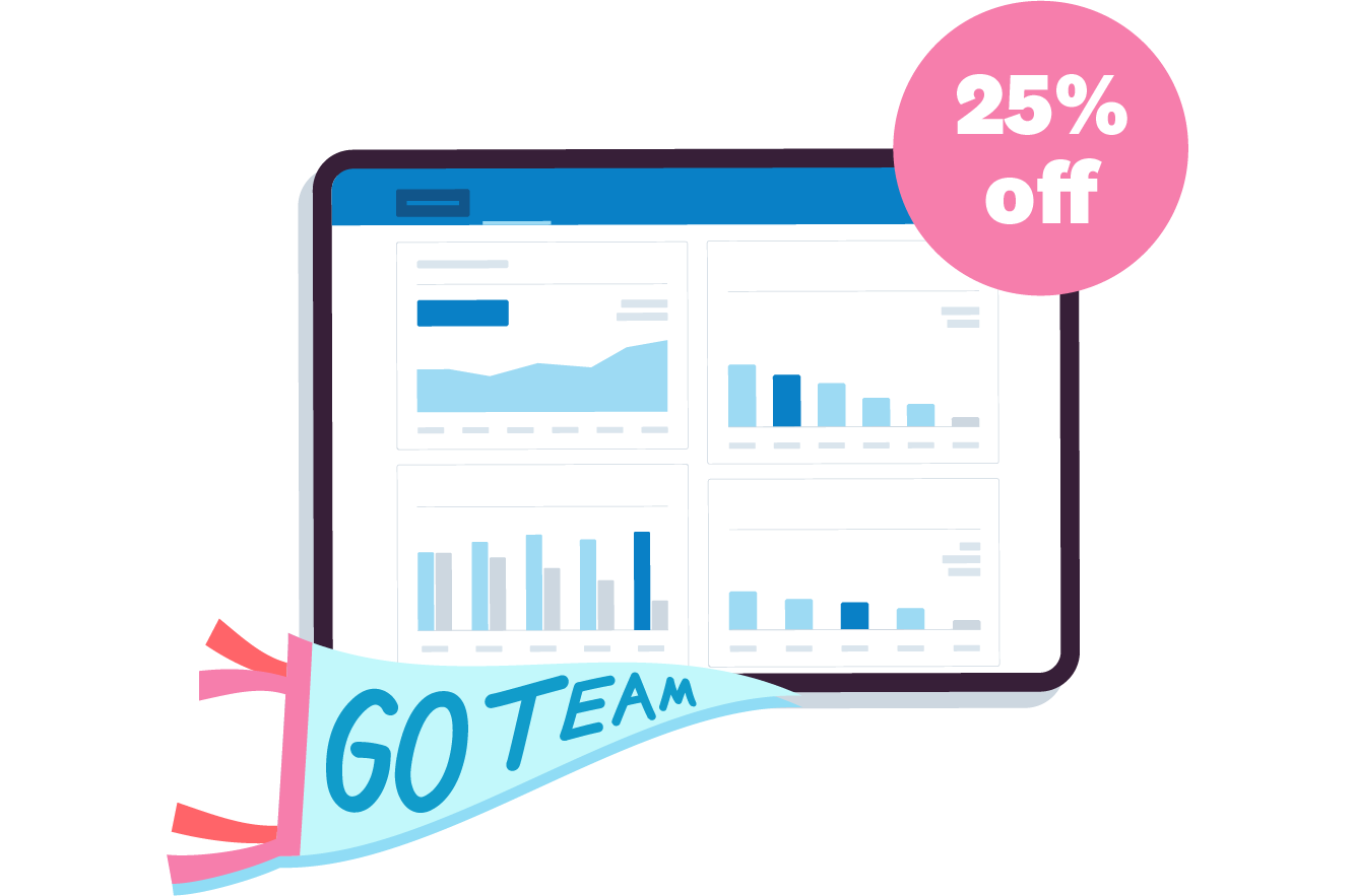 Charts on the Xero dashboard, a 25% off sign, and a banner that says ‘Go Team’