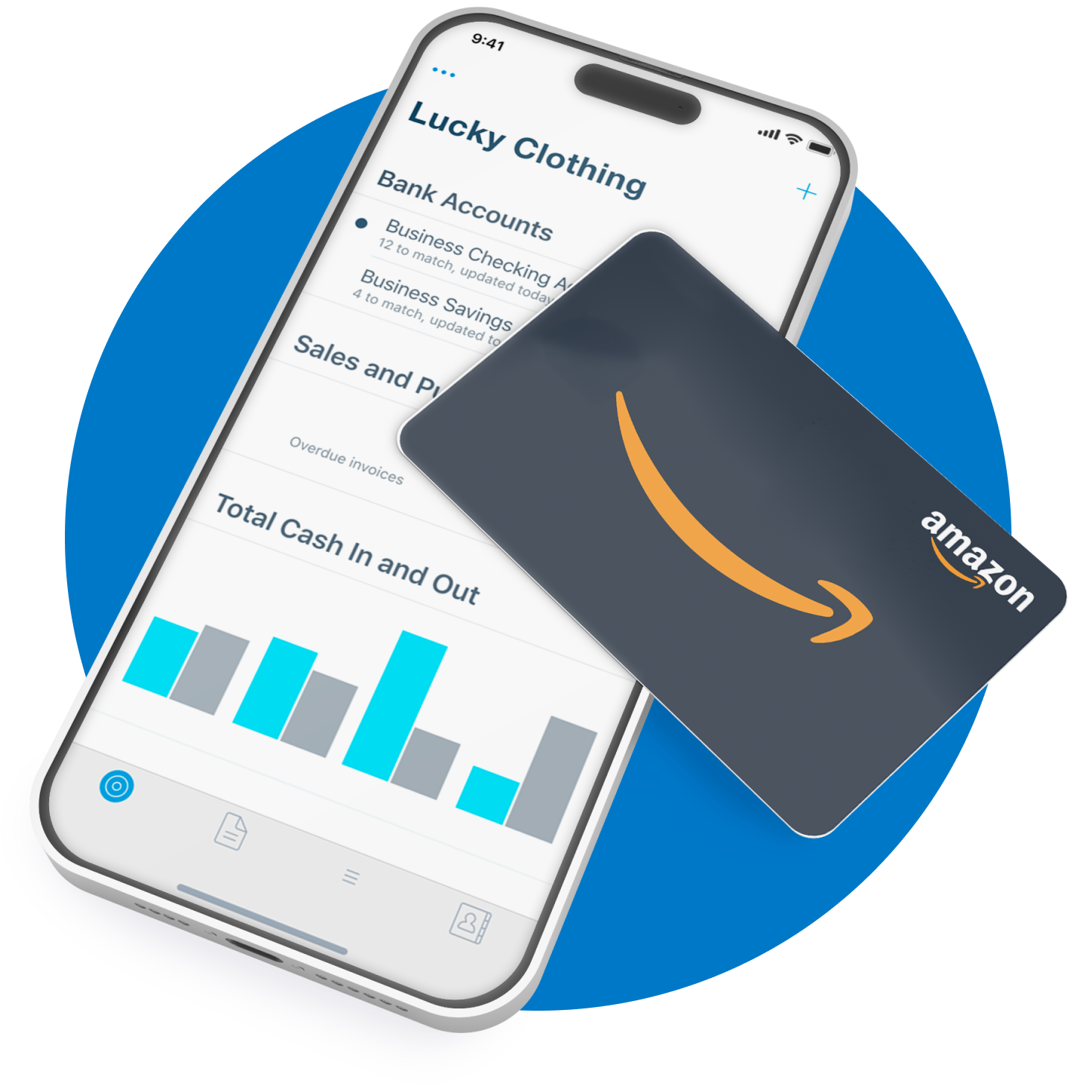 A phone showing Xero dashboard with an Amazon voucher