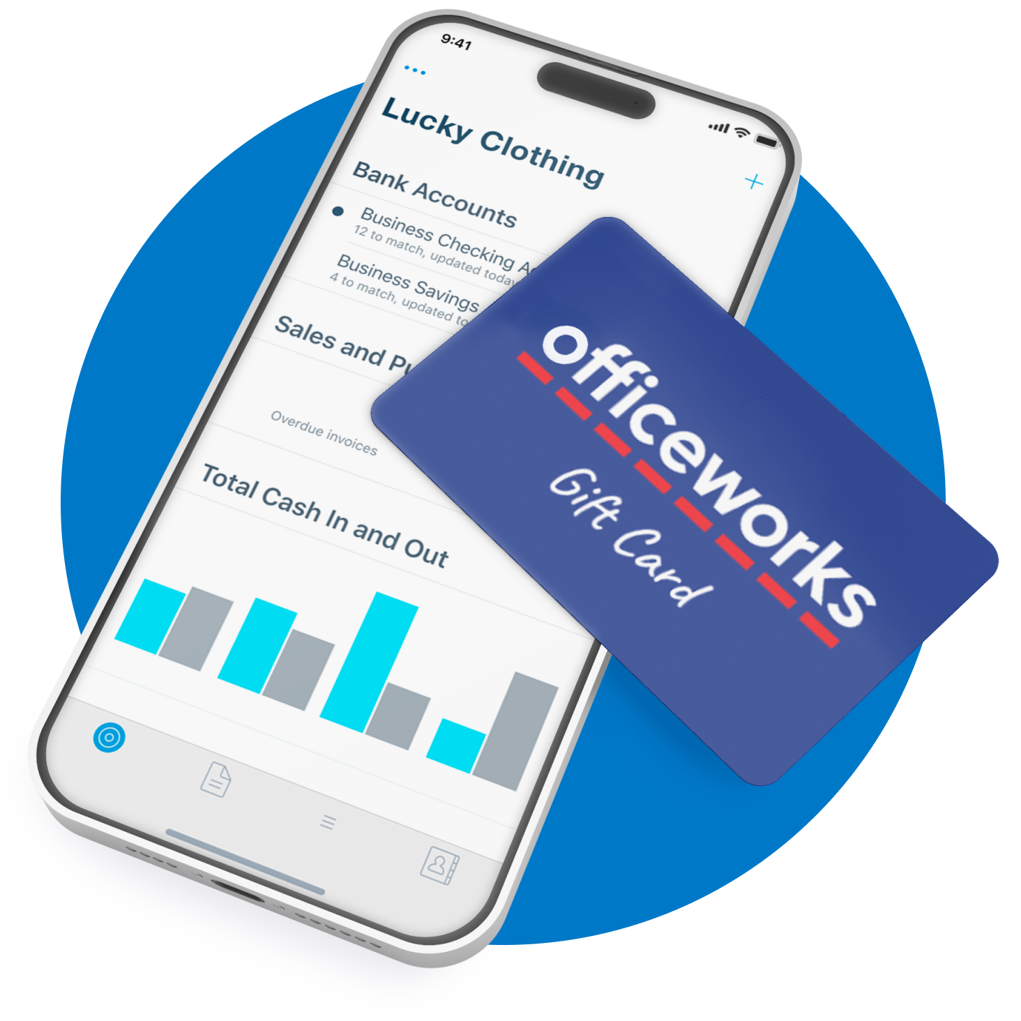 A phone showing the Xero dashboard with an Officeworks voucher