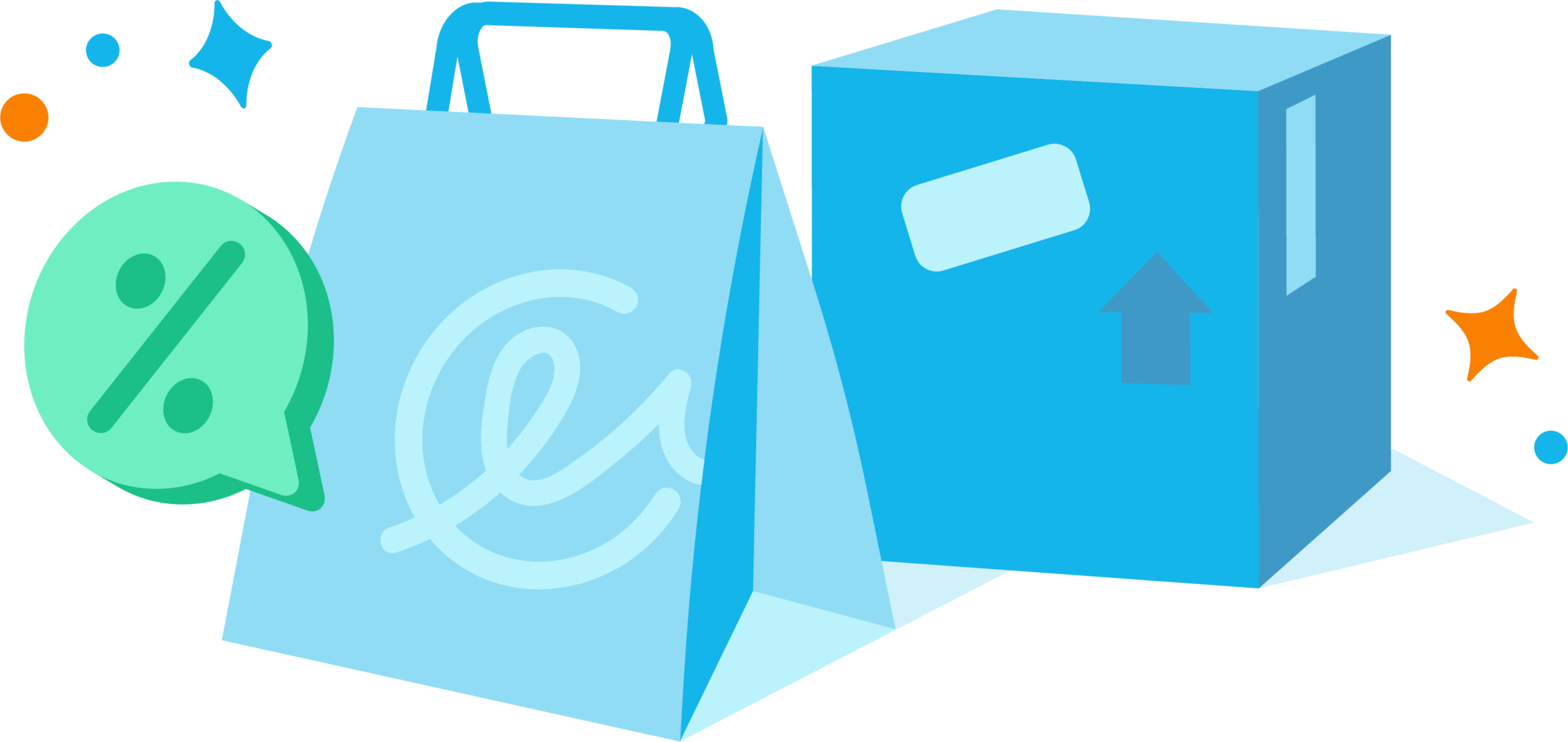 A decorative percentage icon, shopping bag, and box are arranged next to each other.