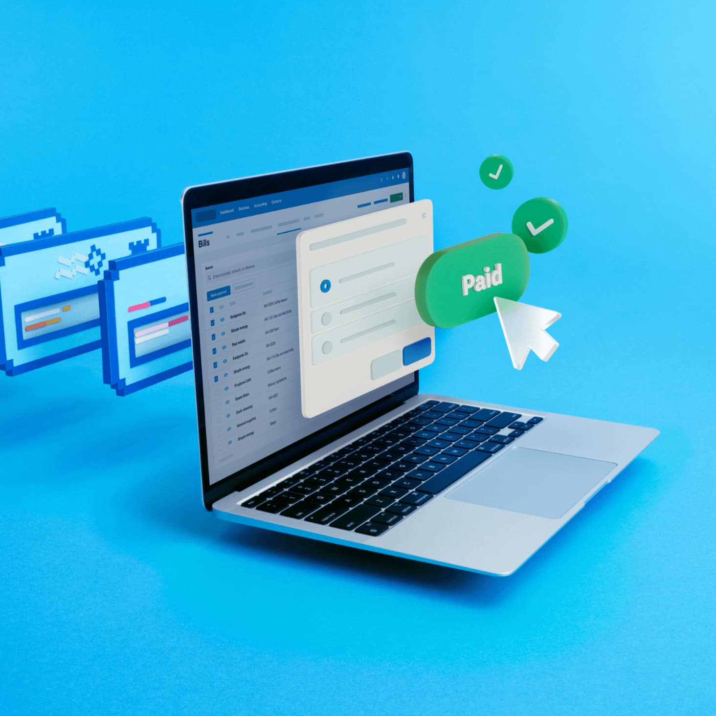 Laptop being held shows multiple bills selected in Xero. Direct bank is selected as the payment method.
