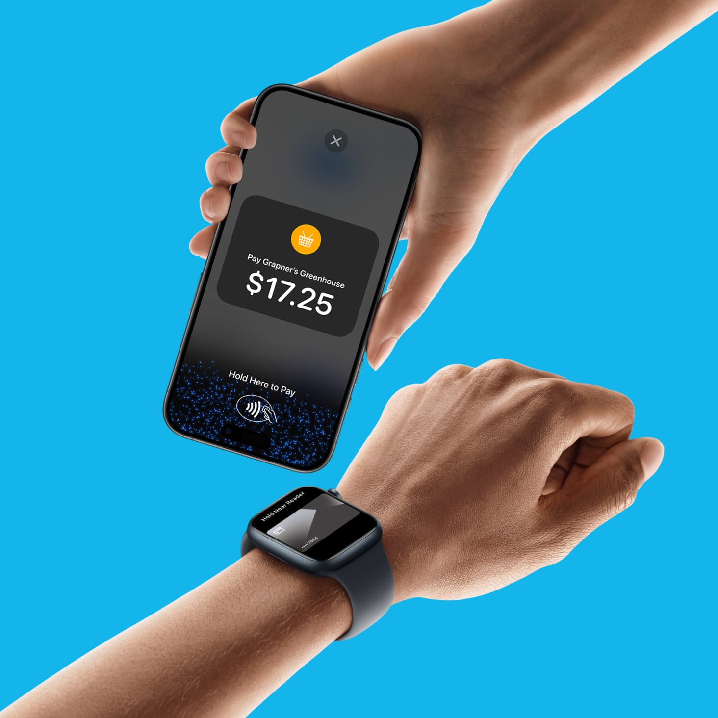 An iPhone taps a smartwatch to make payment.