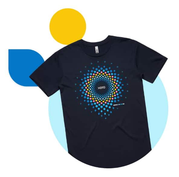 The Xerocon t-shirt in black with a multi-coloured pattern and the Xero logo on the front.